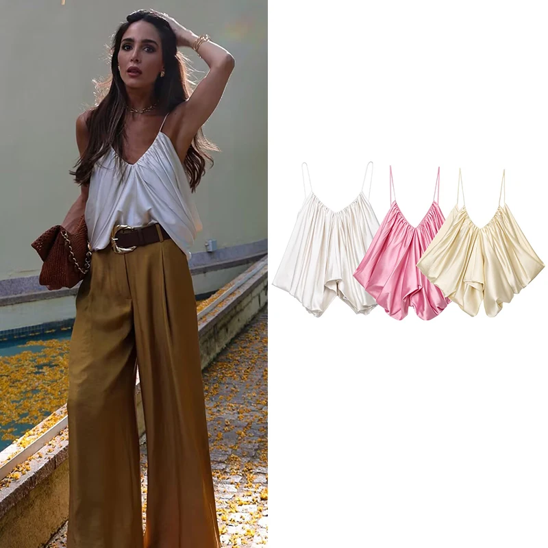 

New Women's Tops Summer 2025 Chic Simple Loose V-neck Sling Women's Travel Tops Street Fashion Ruched Elegant Youth Tops