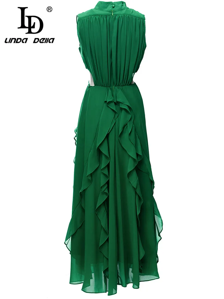 LD LINDA DELLA Fashion Runway Summer Dress Women Sleeveless Hollow out Ruffles Casual Green Elegant Midi Dress