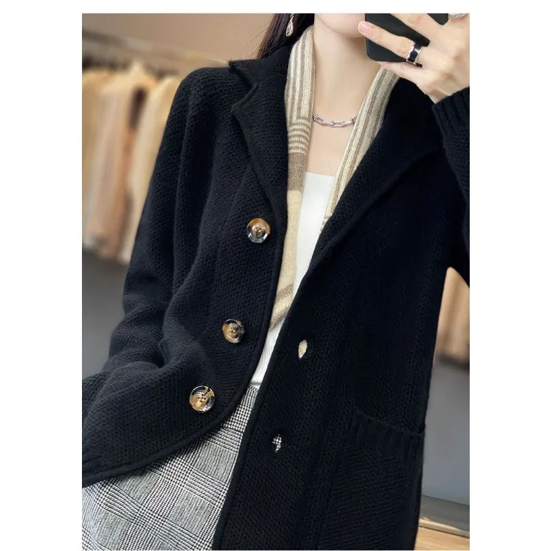 Suit Collar Thickening Type Sweater Cardigan Jacket Female New Autumn and Winter Models Loose Lazy Wind All-match Knitwear Tide