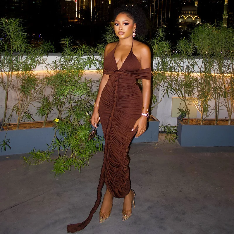 

Stylish Lady Party Maxi Dress 2025 Autumn Women Halter Backless Bodycon Brown Elegant OL Draped Vestidos De Festa