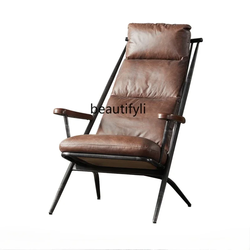 

Nordic modern retro leather recliner living room home balcony leisure chair lazy single sofa