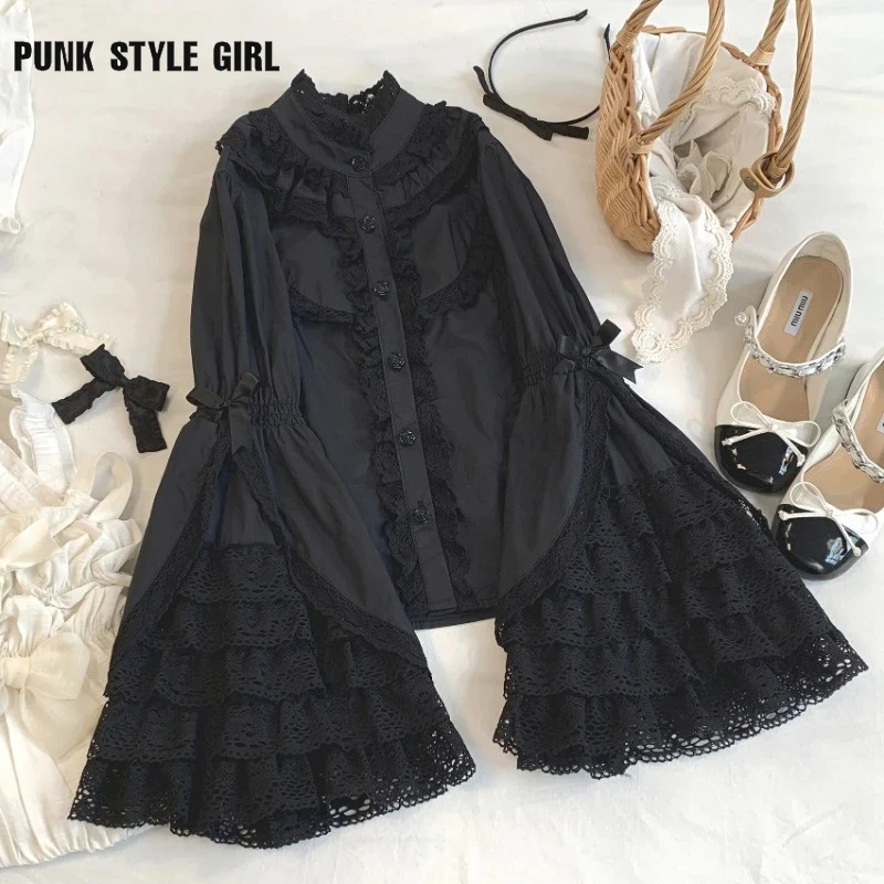 Lace Ruffles Bow Women Vintage Lolita Shirts Victorian Gothic Sweet Flare Sleeve Girls Harajuku Kawaii Blouses Y2k Blusas Tops