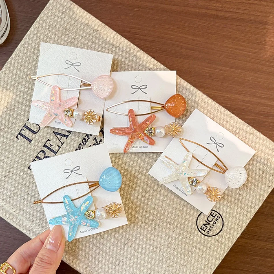 Girls Mermaid Blue Starfish Shell Pearl Hairpin Women Forehead Broken Hairpin Kids Bangs Side Clip Seaside Photo Headdress HP01