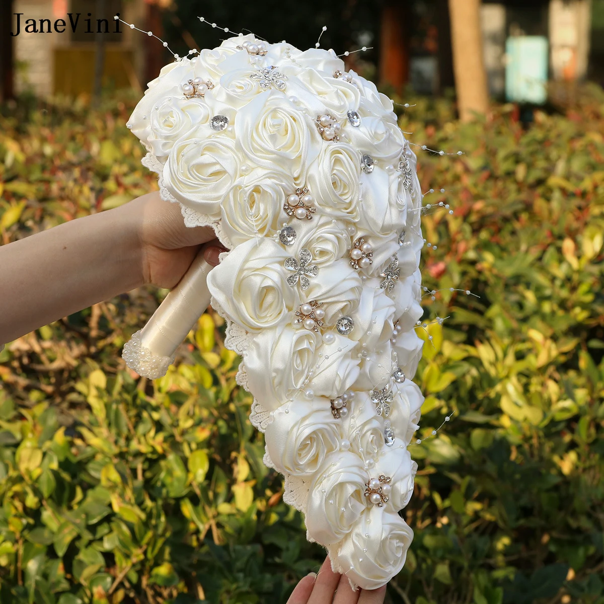 JaneVini Elegant Ivory Cascading Flowers Waterfall Bridal Bouquets with Pearls Diamond Ribbon Roses Bouquet Wedding Accessories