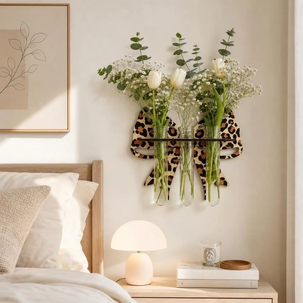 Wooden Hydroponic Planter Shelf Home Ornaments Leopard Wall Mounted Planter Bowknot Shape Hollow Out