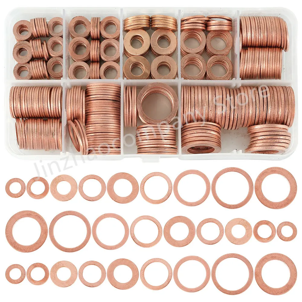 400/300/280/200/150/100 Stück Unterlegscheibe Kupfer Unterlegscheibe Dichtung Mutter und Bolzen Set Flachring Dichtung Sortiment Kit mit Box für Sumpfstopfen