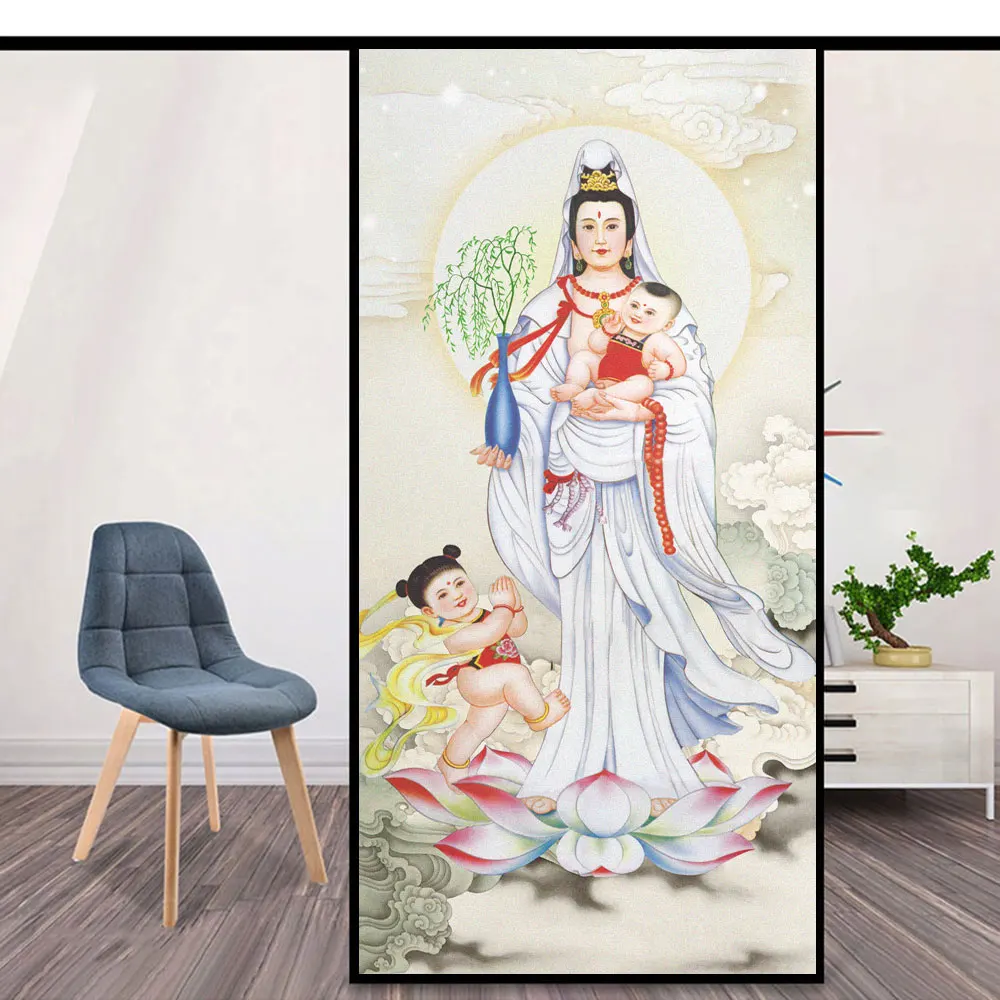 Guanyin Pattern Privacy Window Film Heat Control UV Blocking Window Glass Film Static Cling Decorative Frosted Window Sticker