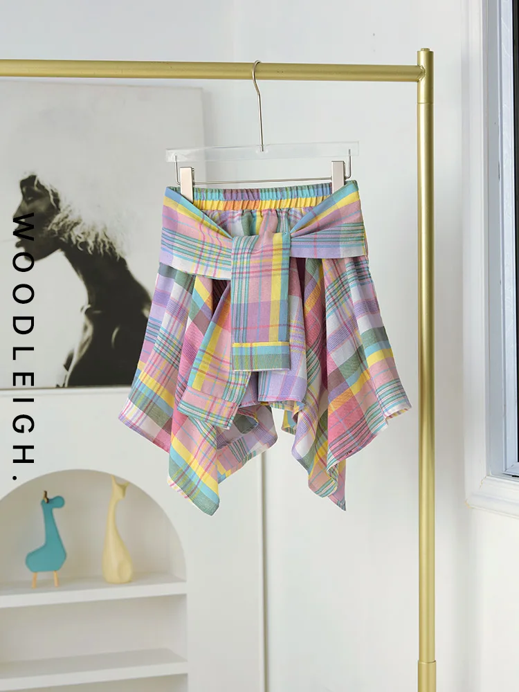 Forest Style Pink Plaid Skirt Elastic Waist Irregular Tie Up Skirt Pants Sweet A-line Skirt Summer New Women's Short Skirt