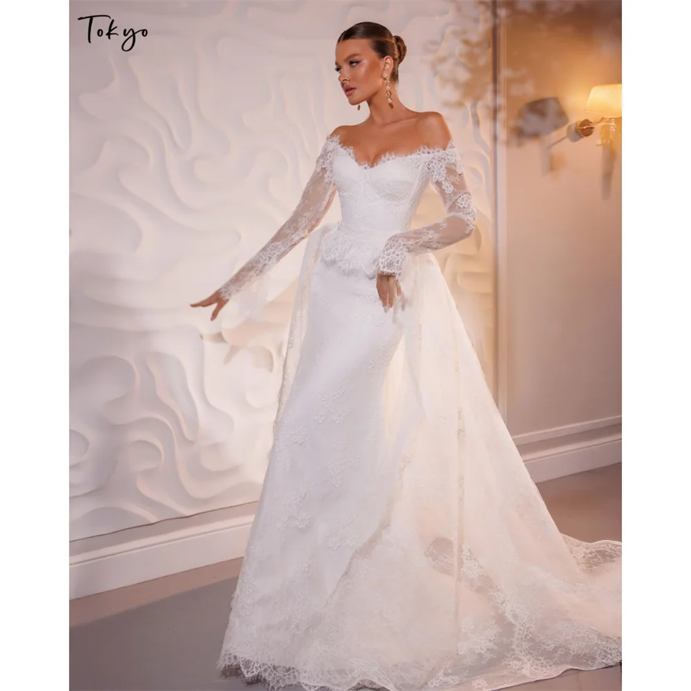 Tokyo Customized Off-the-shoulder Long sleeve Lace Mermaid Dresses Prom dress Detachable overskirt Elegant Wedding dresses 2026