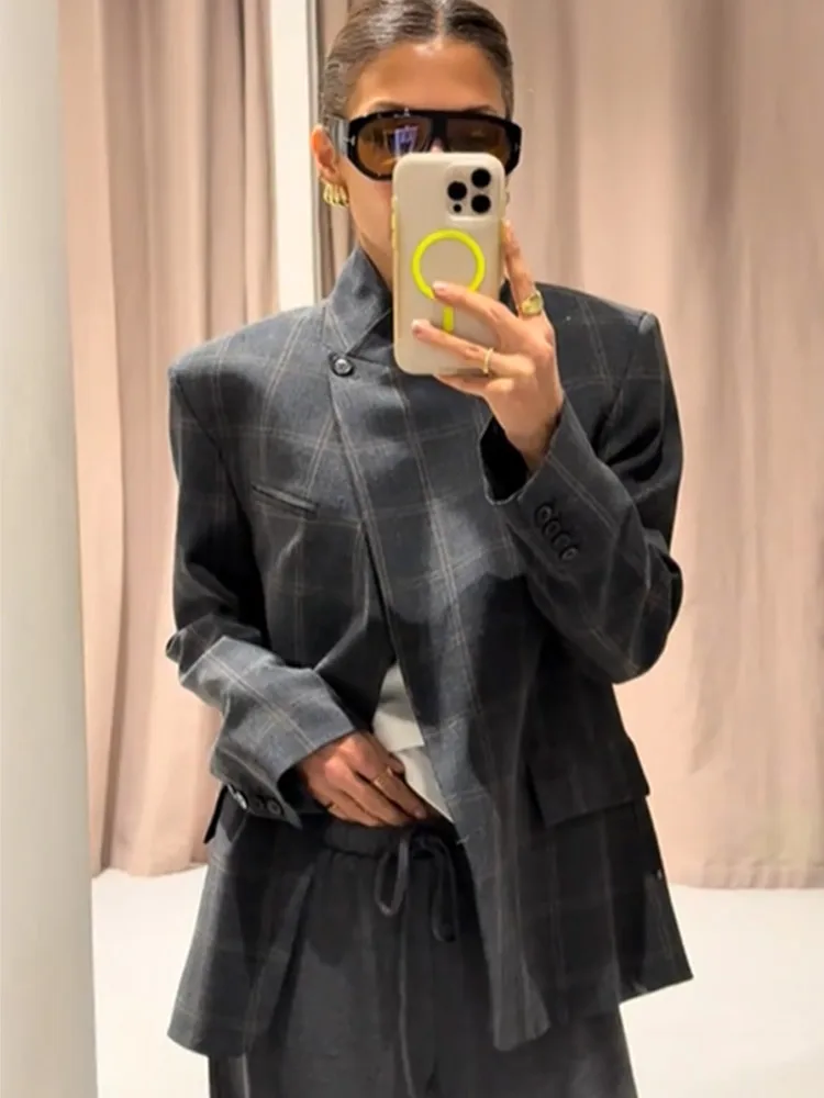 المرأة غير النظامية منقوشة سترة موضة الوقوف طوق كم كامل سبليت فضفاض معطف قصير 2025 الإناث اليومية تخفيف ملابس خارجية