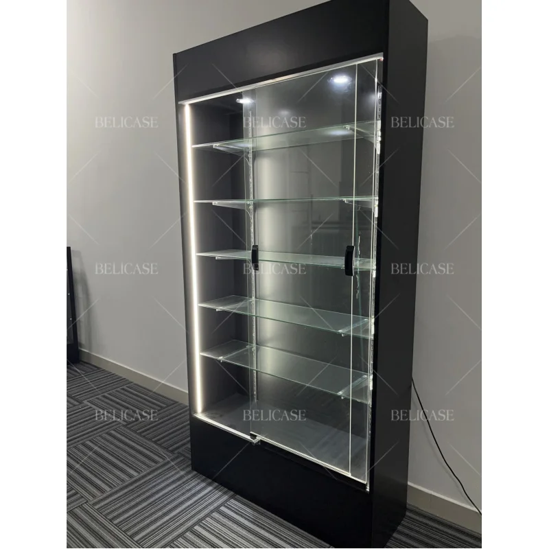 2025customized.Black Wood Glass Display Wall Cabinet Store Display Showcase with Durable Strip Lighting Display Shelves