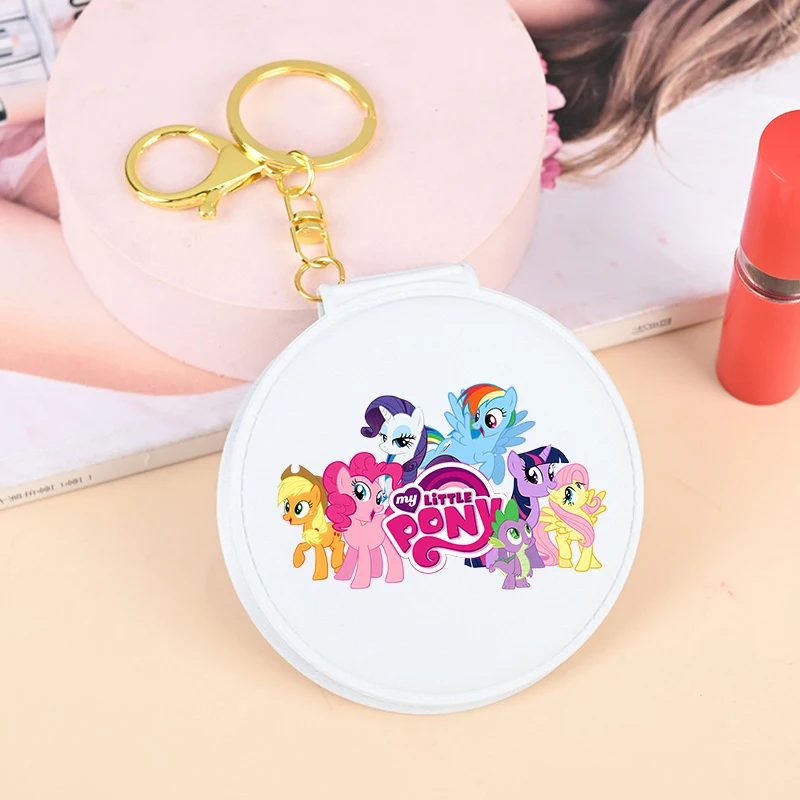 Kawaii My Little Ponys 화장품 돋보기 메이크업 거울 귀여운 애니메이션 라운드 포켓 컴팩트 메이크업 룩 유리 키 체인 포함 New