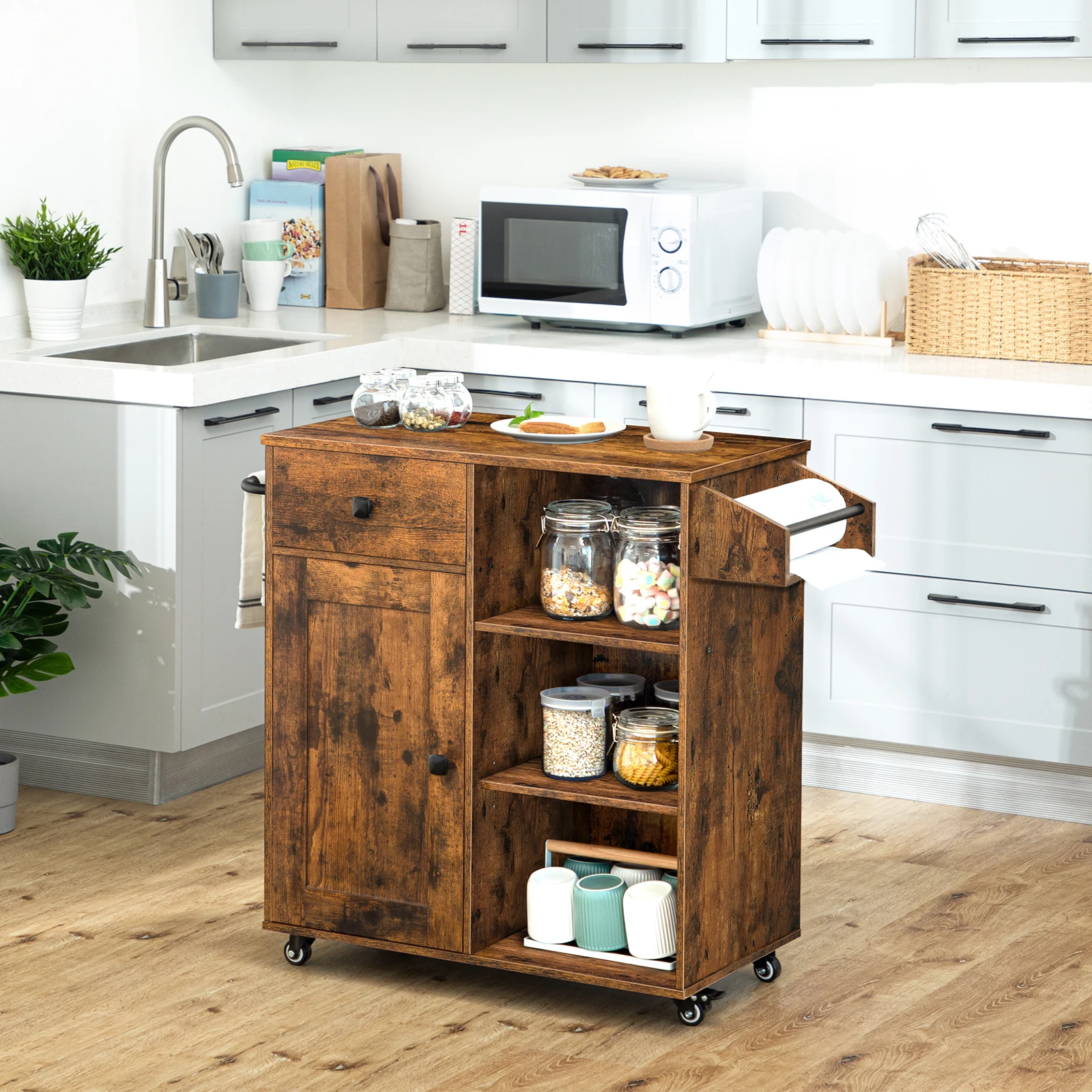 

Kitchen Island Storage Cabinet with Drawer Stroller Kitchen Cart with Spice and Towel Rack Saving Space, Easy Assembly,