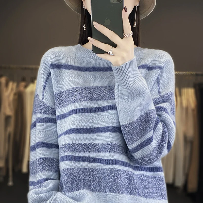 

100% Wool O-Neck Sweater Women's 2023 Autumn/Winter O-Neck Cashmere Sweater Loose Fashion Long Sleeve Knitted Pullover