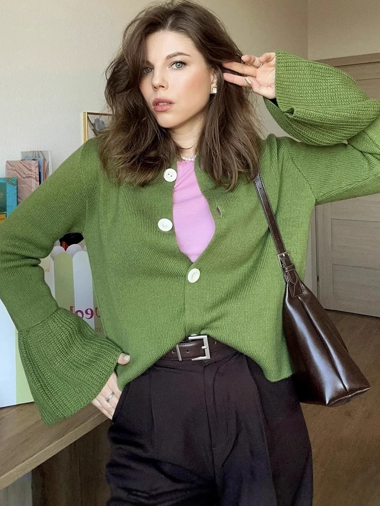 

JULISSA MO Knitted Round Neck Cardigans Women Sweater Green Flare Sleeve Single Breasted Sweater Autumn Loose Casual Streetwear