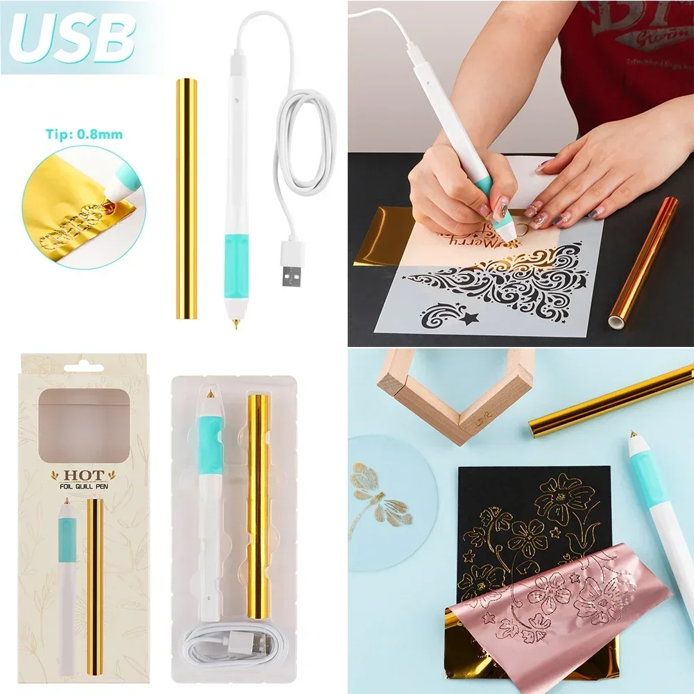 USB-betriebenes Heißfolienstift-Set, 0,8 mm Wärmeaktiv, aktiver Stift für Papier, Leder, umwandelbare Goldfolienstifte, DIY-Scrapbook-Papierkarten, Basteln