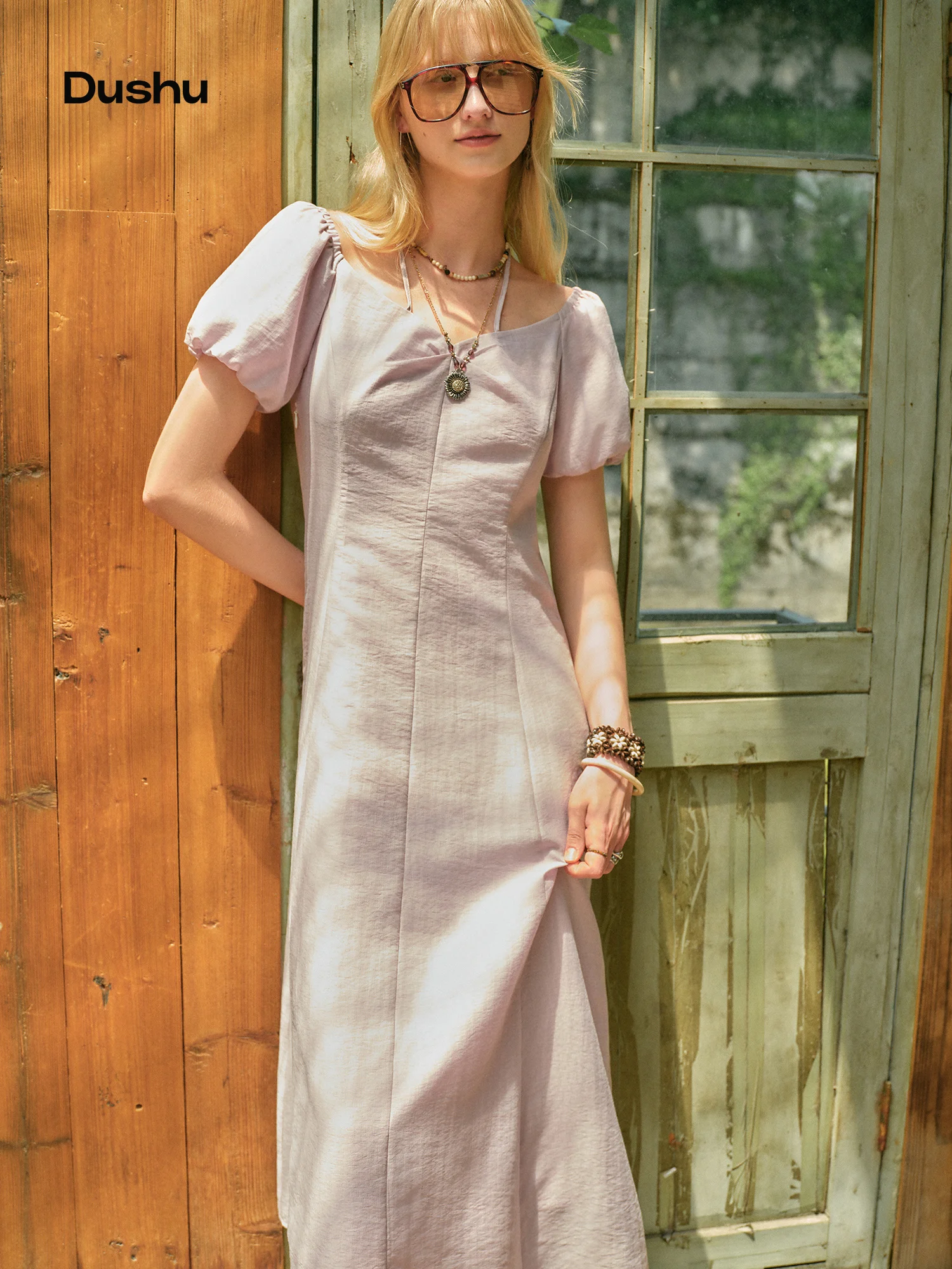 

DUSHU Women's 2026 Summer Lyocell Blend Anti-Wrinkle Dress Puff Sleeve Vacation Style Slim Fit Dress Figure-Friendly Multi-Size