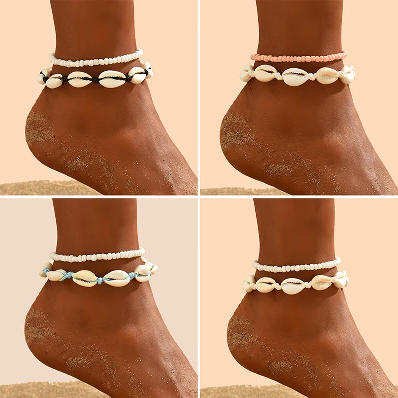 2PCS Bohemia Natural Shell Anklets For Women Small Resin Beads Summer Beach Shell Barefoot Ankle Bracelet Leg Chain Foot Jewelry