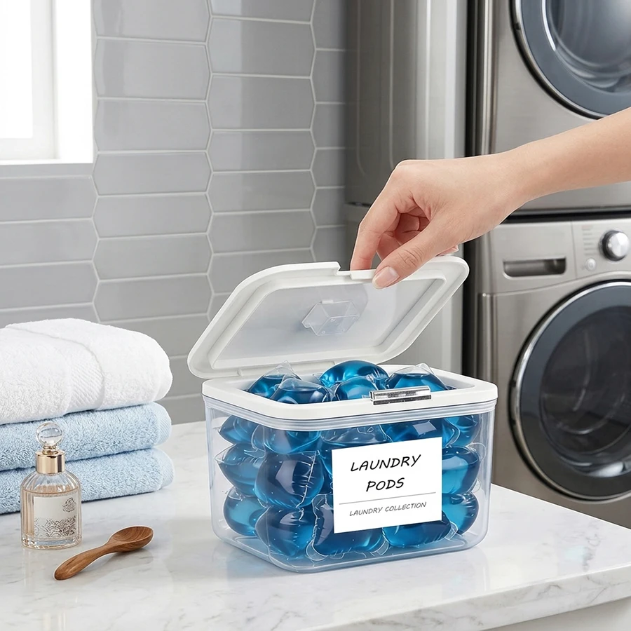 Clear Laundry Pods Container with Push Up Lid Automatic Pop-Up Washing Pods Holder Storage Organizer for Bath Products, Scent Bo