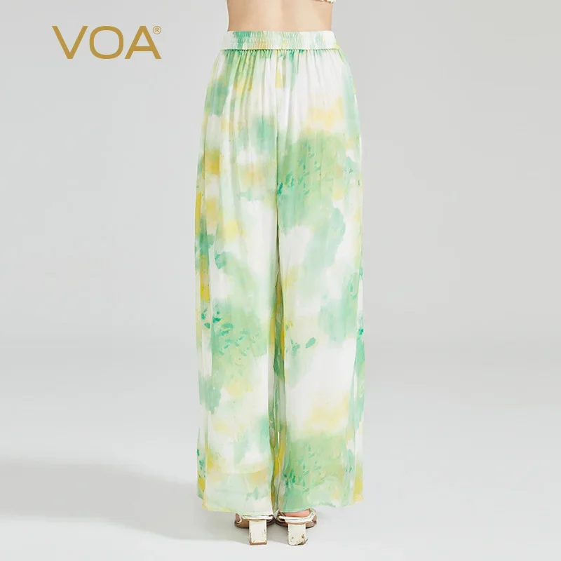 VOA Lime Green Double Layer Georgette Silk Elastic Waist Trousers Lightweight Elegant Reduced Age Sweet Printed Silk Pants KE985