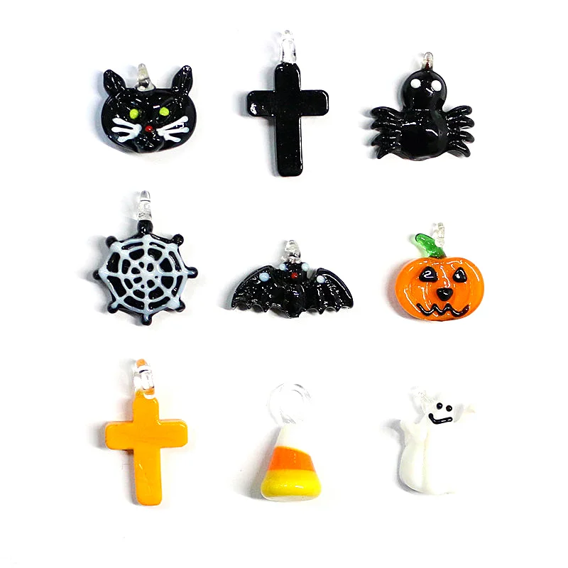 2pcs Halloween Decor Charms Creative Cute Mini Glass Pendant Pumpkin Spider Bat Cross Black Cat Ghost Cobweb Candy Corn Ornament