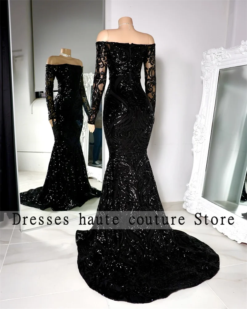 Black Sequined Lace Mermaid Prom Dress 2025 For Black Girls Formal Party Dress Long Sleeve Evening Dresses Customized