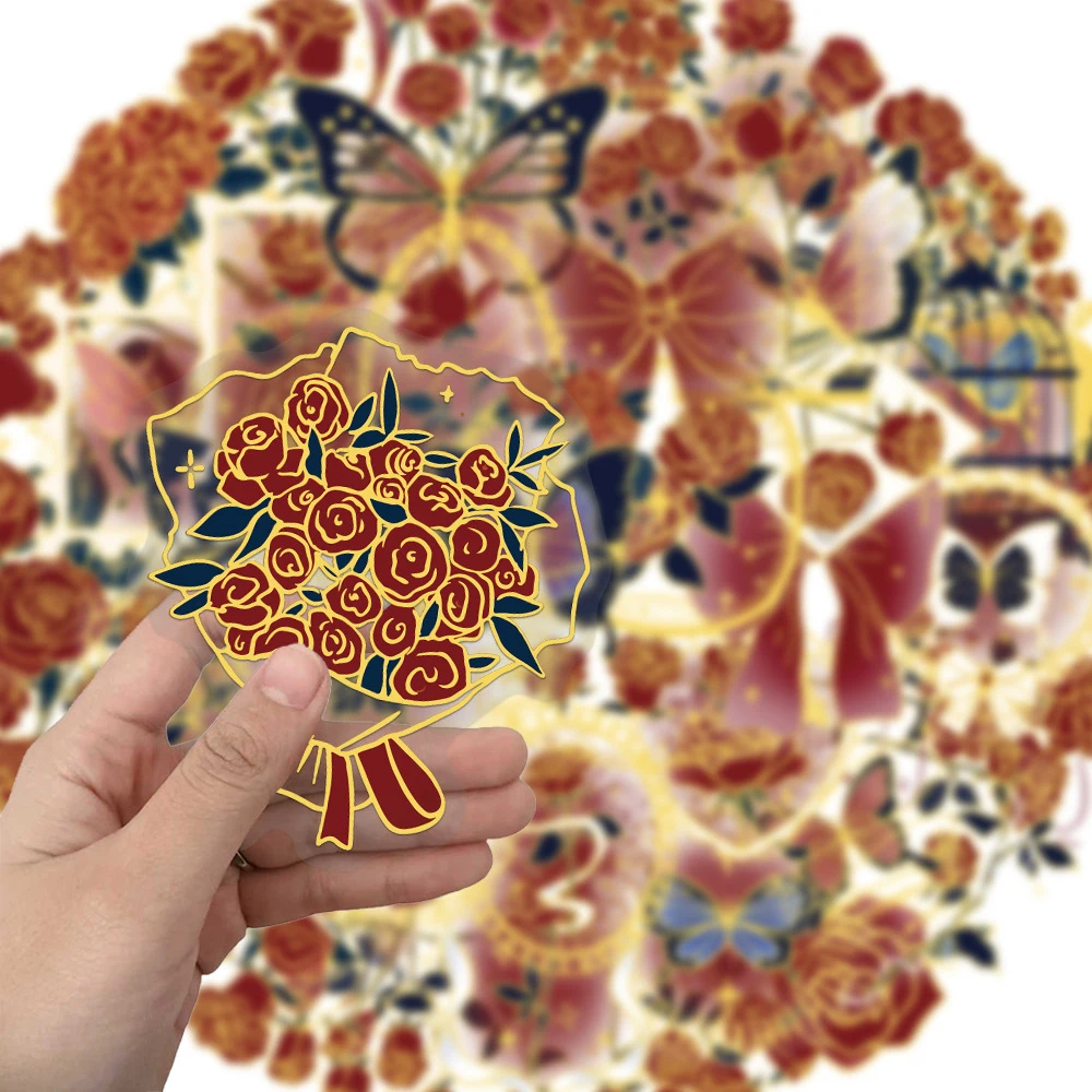 สติกเกอร์ลายการ์ตูนสไตล์วินเทจลายดอกกุหลาบ 10/30/50 ชิ้น สติกเกอร์ใส PET สำหรับตกแต่งกระเป๋าเดินทาง สมุดโน้ต โทรศัพท์ ของเล่น