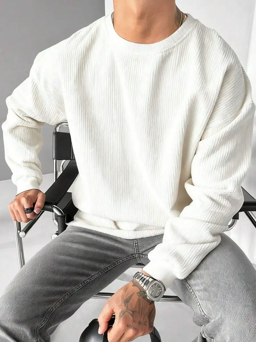 

Men's Off-White Ribbed Knit Long Sleeve Casual Sweatshirt