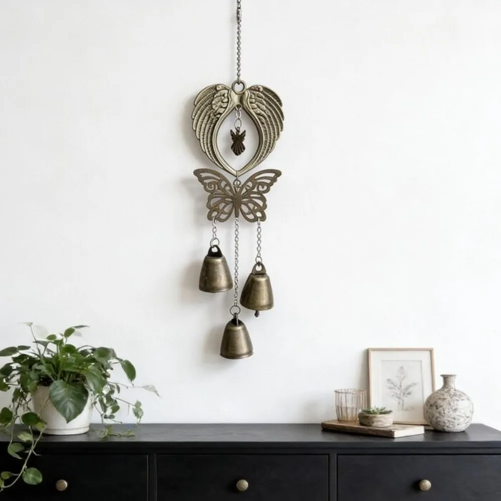 Vintage Angel Wings Wind Chime Pendant Bohemian Style Hollow Butterfly Vintage Wind Chime Handcrafted Metal Bell Chime Balcony