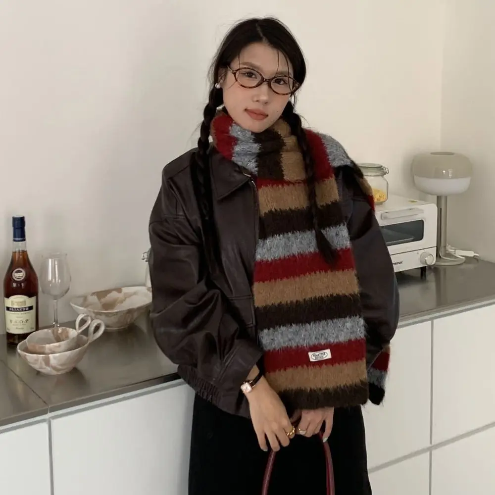 레트로 프레피 스타일 체크 울 스카프 롱 두꺼운 스트라이프 스카프 따뜻한 한국 스타일 겨울 캐시미어 스카프 소녀용