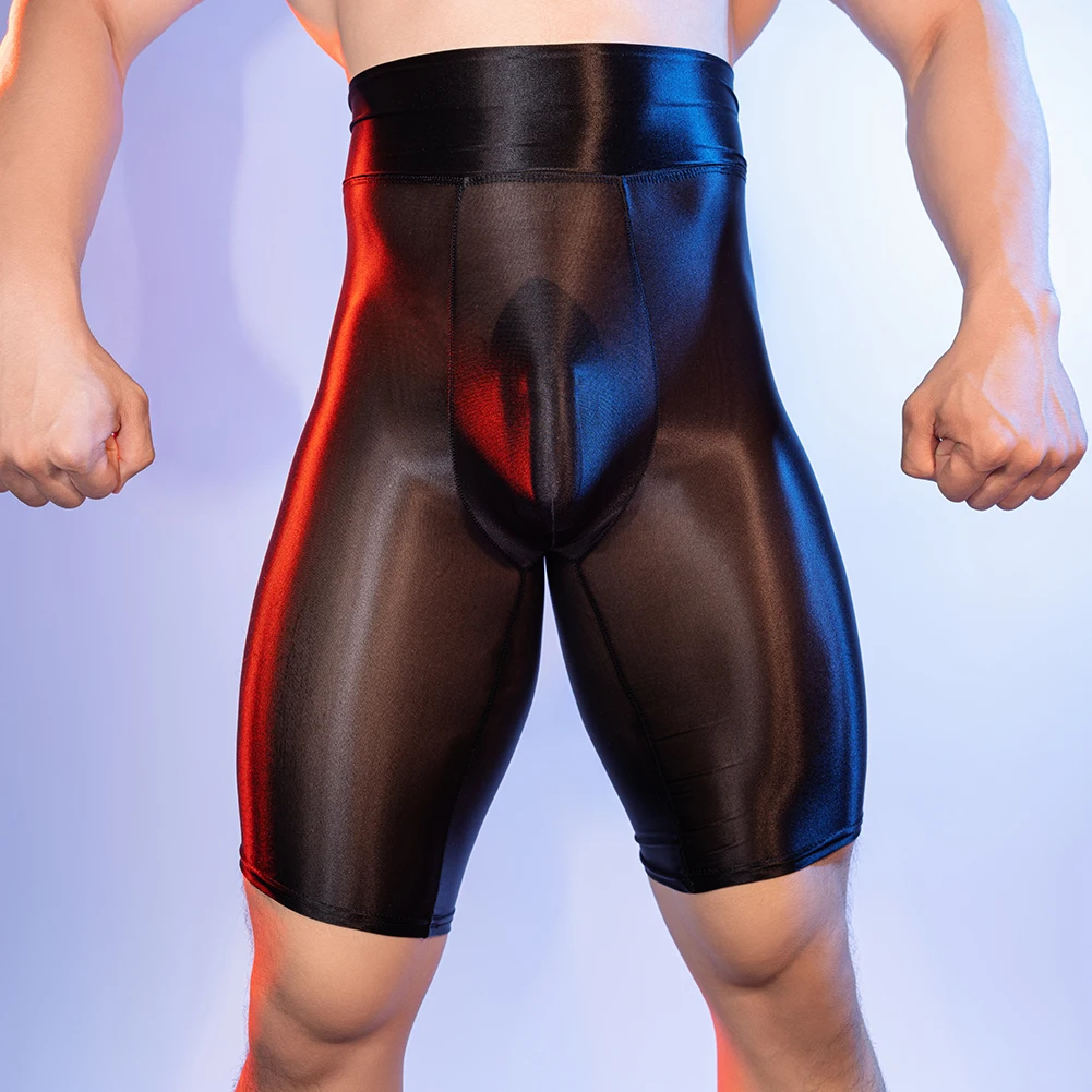 

1pc Sexy Men Boxers Shorts See Through Bulge Pouch Oil Glossy Underwear High Waist Shaping Panties Man Boxer