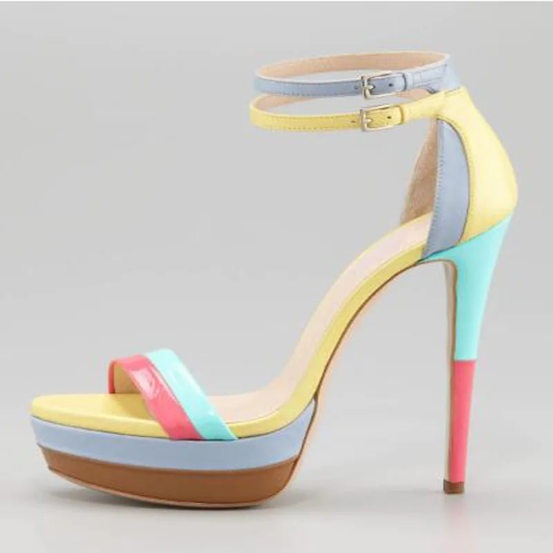 Yellow Blue Pink Mixed Color Leather Open Toe Platform Cover Heel Summer Sandals Women Stiletto Heel Ankle Buckle Party Shoes image 5