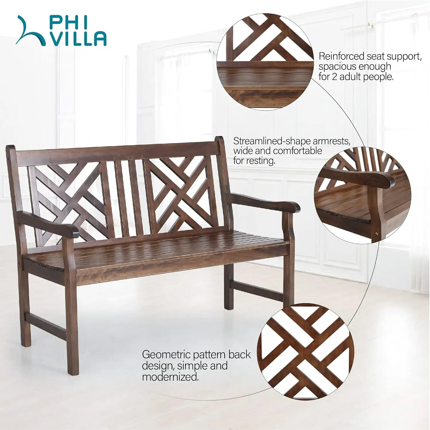 PHI VILLA Outdoor Garden Wooden Bench, 4 Ft Acacia Wood Bench with Curved Backrest and Armrest, 2 Seat All Weather Bench