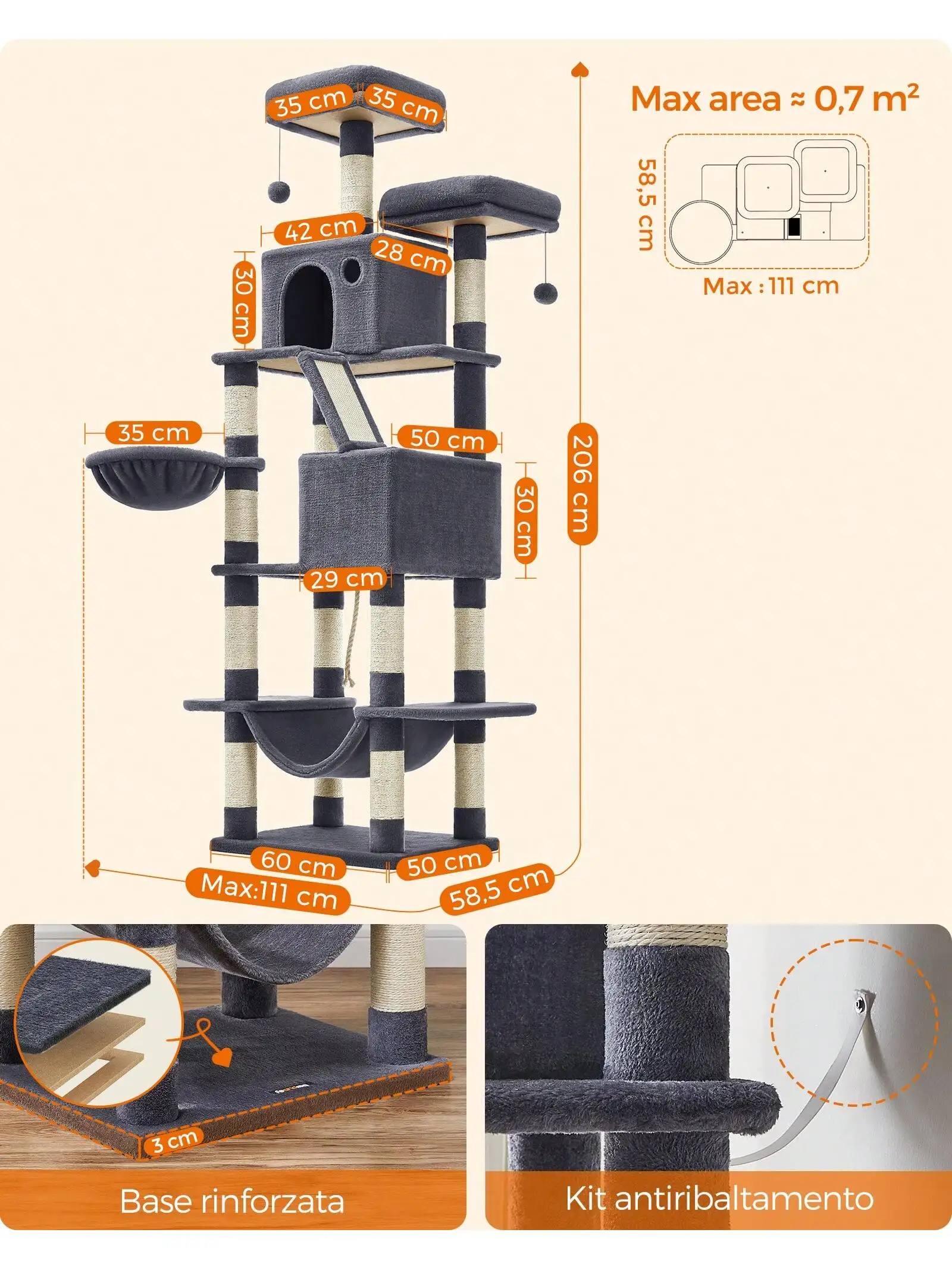 Feandrea عمود الخدش ، قط كبير طويل القامة مع 13 موقعًا ، محطتان ، كهف ، سلة ، هامبرج ، قطط كبيرة