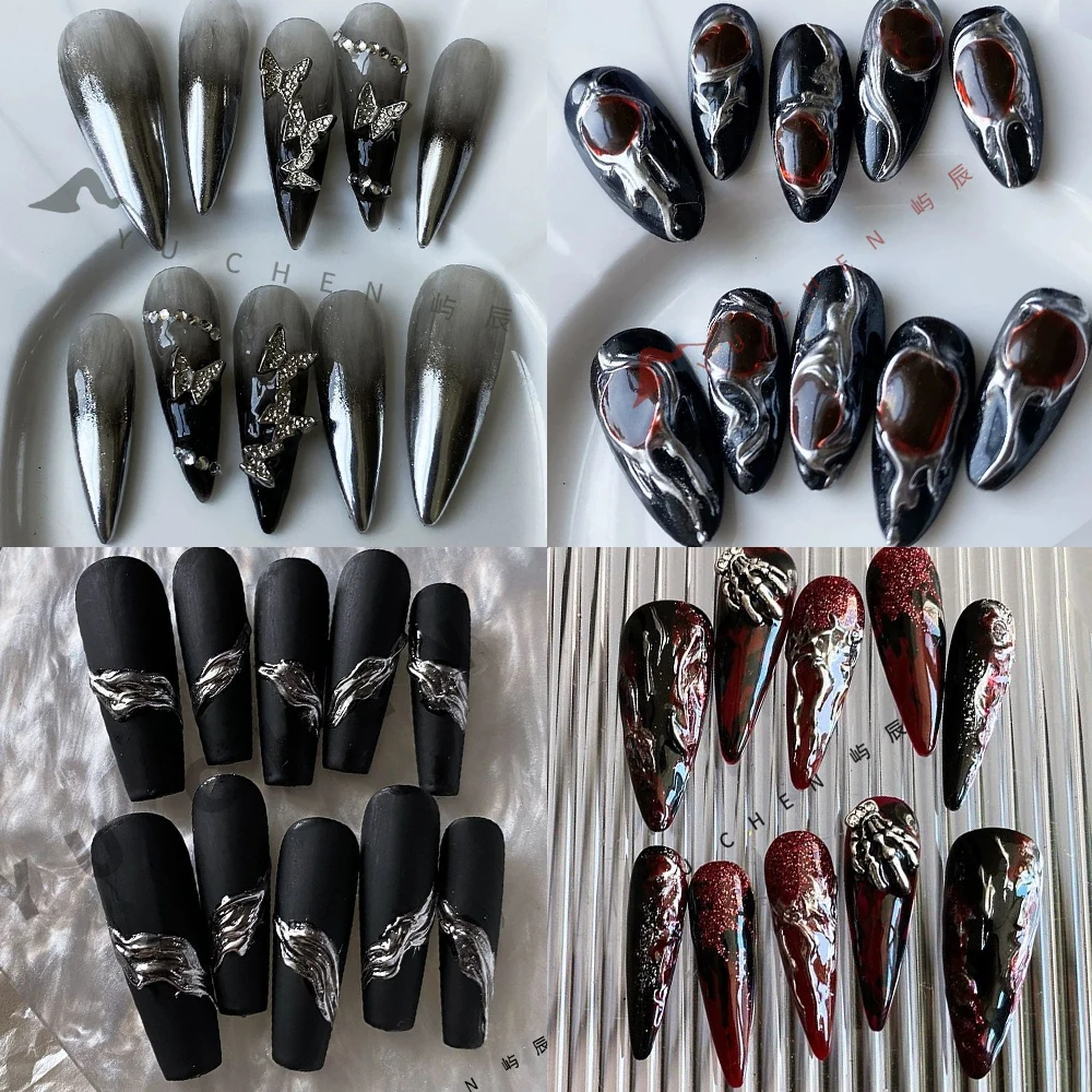 

Handmade Gothic Fake Nails Dark Punk Butterfly Long Coffin Almond Pointed Shape Nails Full Cover Press On Nails Women's Gift