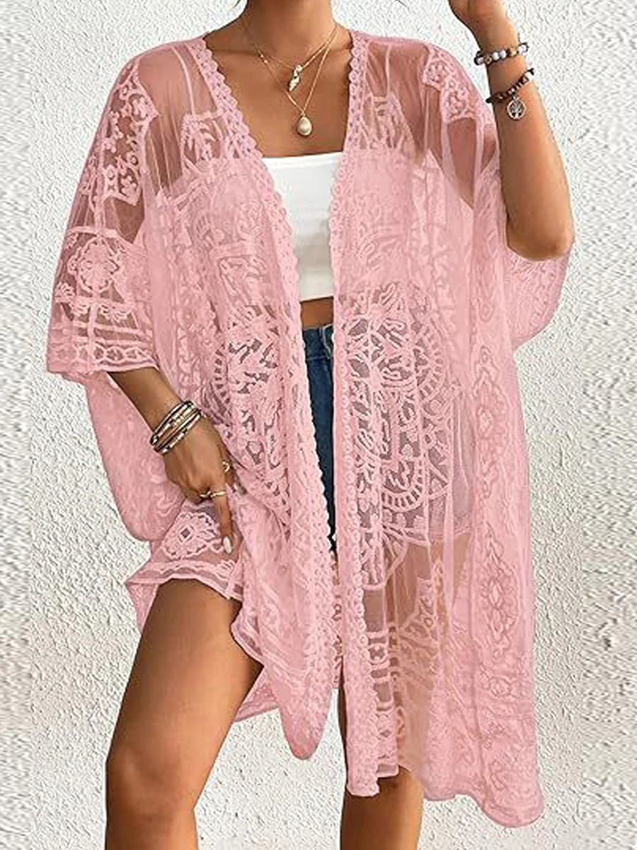 Nova moda feminina renda biquíni cover-up 3/4 mangas frente aberta pura malha crochê quimono cardigan venda quente