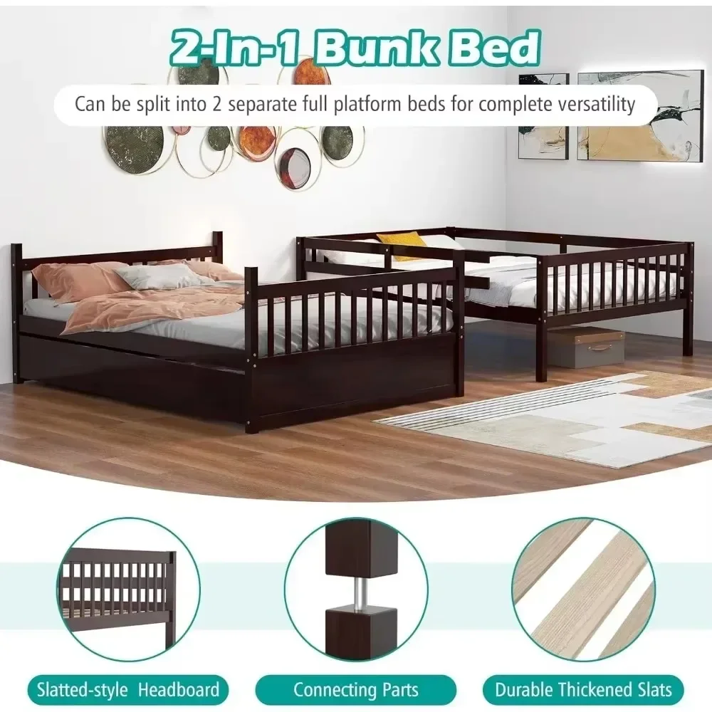 Bunk Beds Full Over Full with Trundle, Solid Wood Convertible to 2 Beds, Beds for Kids Teens Adults, No Box Spring Needed