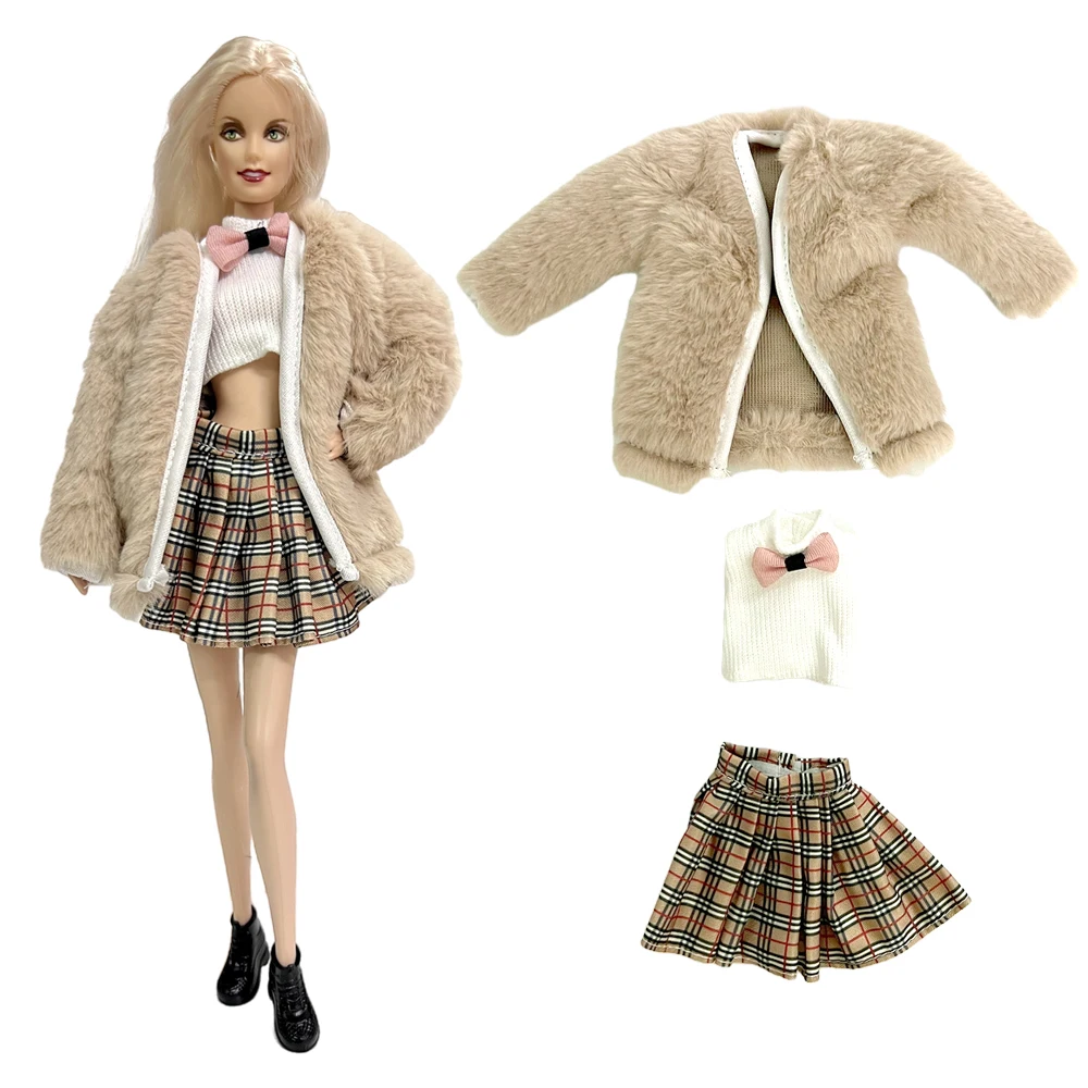 NK Official 1 Set Doll Fashion model suit For Barbie Clothes Doll Accessories  Coat+ Cute Bowknot Shirt + Charming plaid skirt