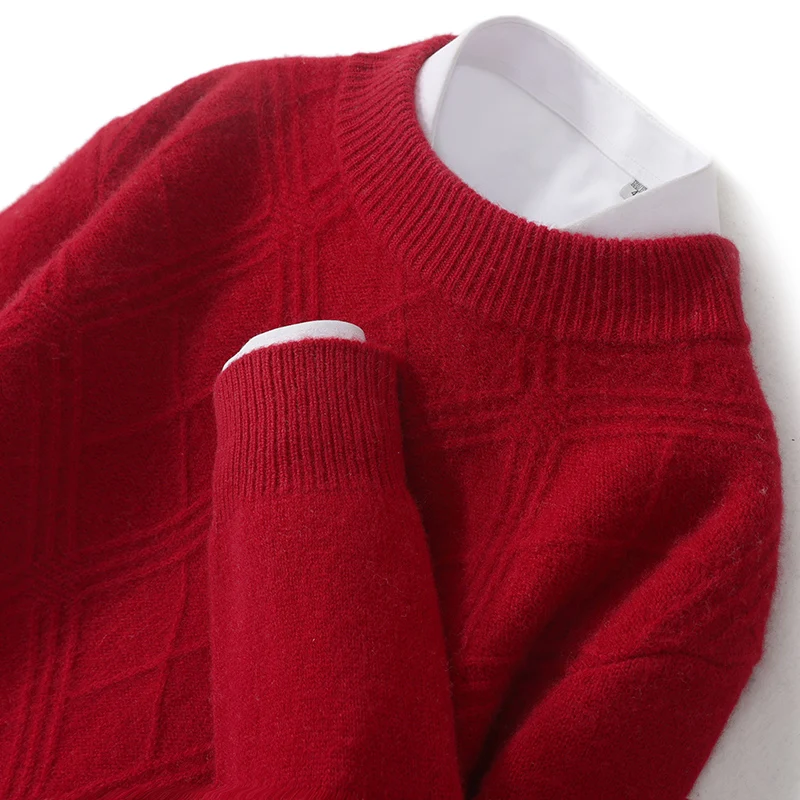 

New 100% merino wool men's O-neck thick jacquard pullover sweater knitted bottoming shirt in autumn and winter