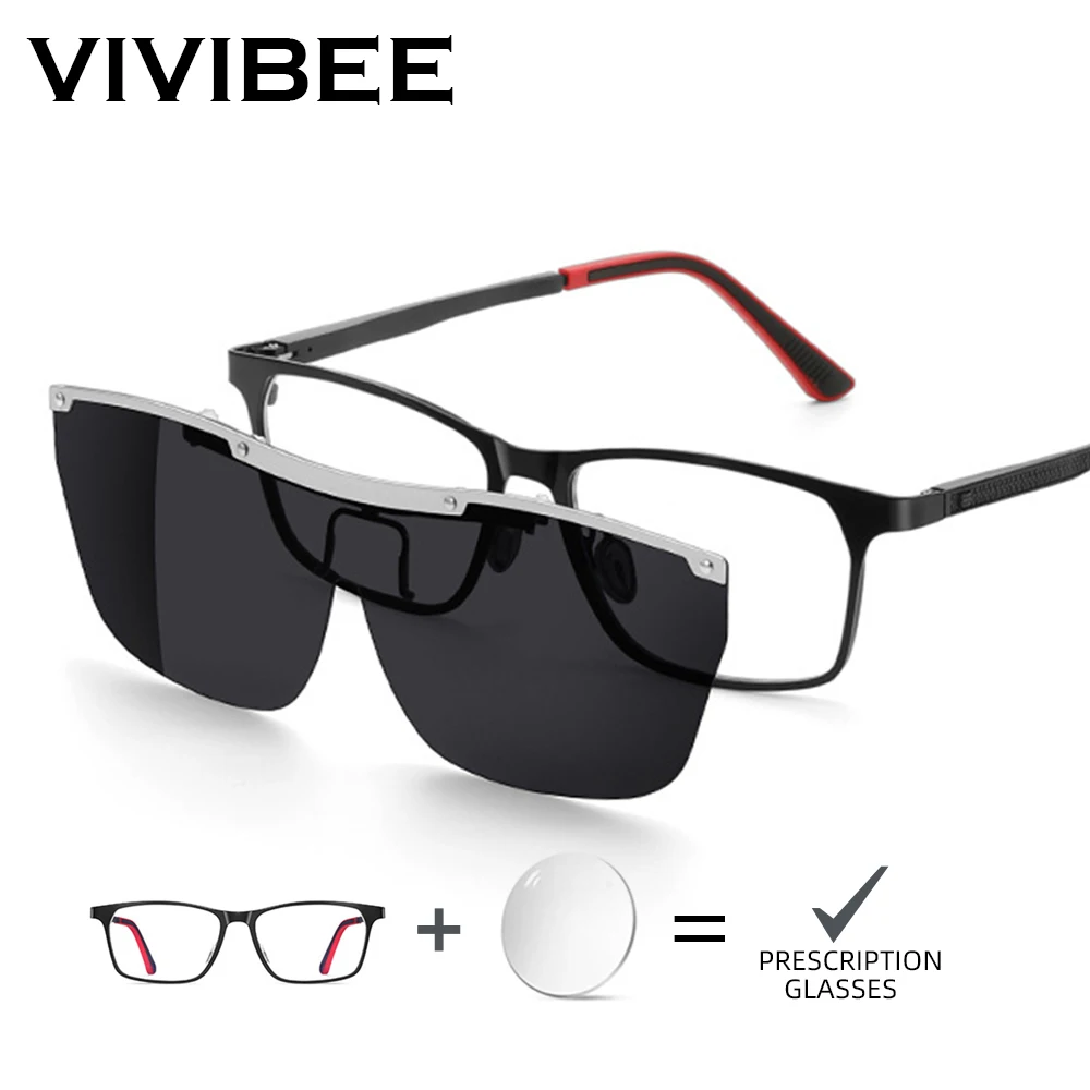 VIVIBEE Metal Classic Customized Prescription Glasses With Sunglasses Clips Men Polarized Myopia Square Photochromic Eyeglasses