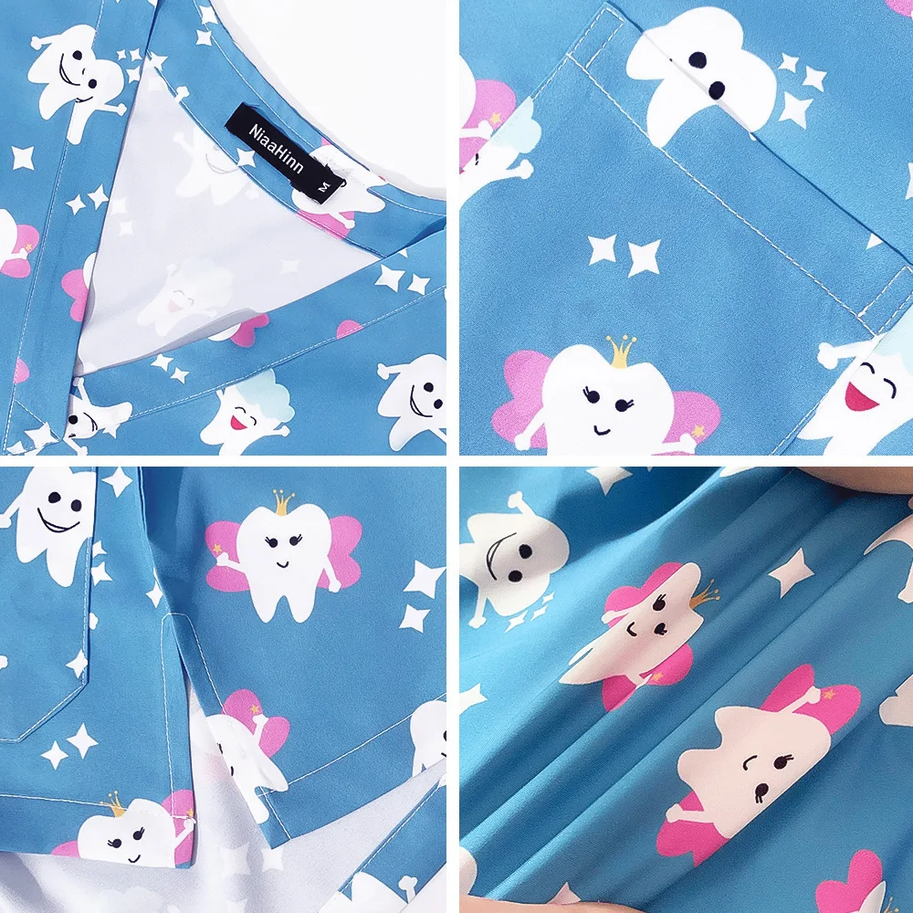 Elastyczny Top Damski z Krótkim Rękawem, Dekoltem w Serek, Nadrukiem Świątecznym z Motywem Kreskówkowym i Zębami, Idealny jako Strój Pielęgniarski