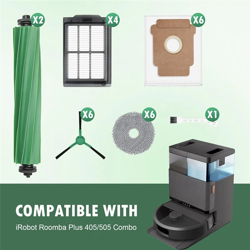ABZA-Kit لـ Irobot Roomba Plus 405 Combo/505 Combo مجموعة الفرش الرئيسية، كيس الغبار وحزمة ملحقات وسادة الممسحة