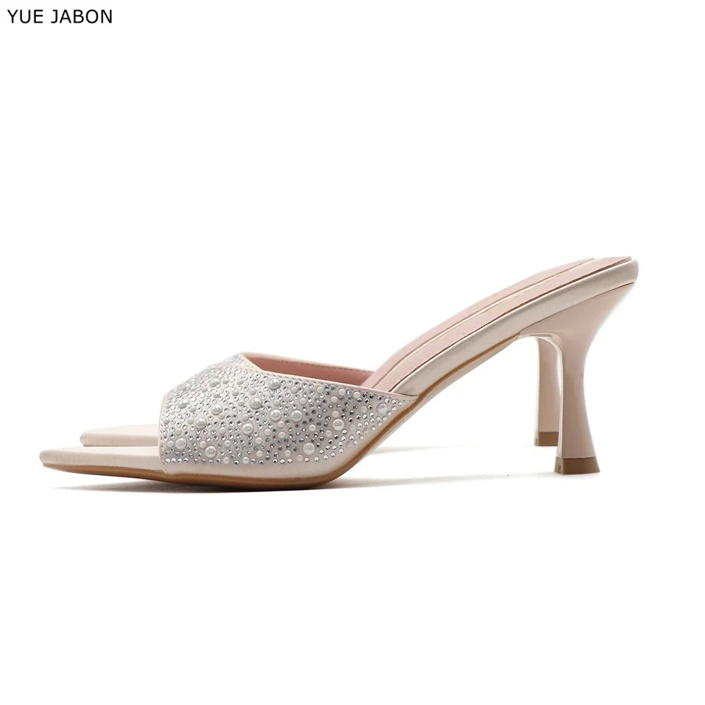 

Pointed high heeled slippers black summer peep toe rhinestone heeled shoes bling fashion dress banquet luxurious women's shoes