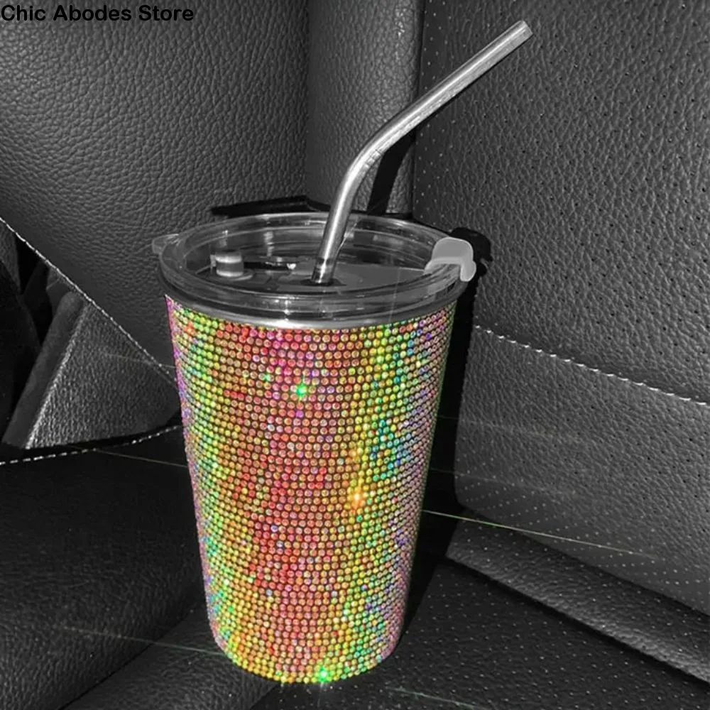 

Bling Stainless Steel Diamond Straw Cup with Lid 550ml Car Cup Shining Unbreakable Coffee Cup Outdoor