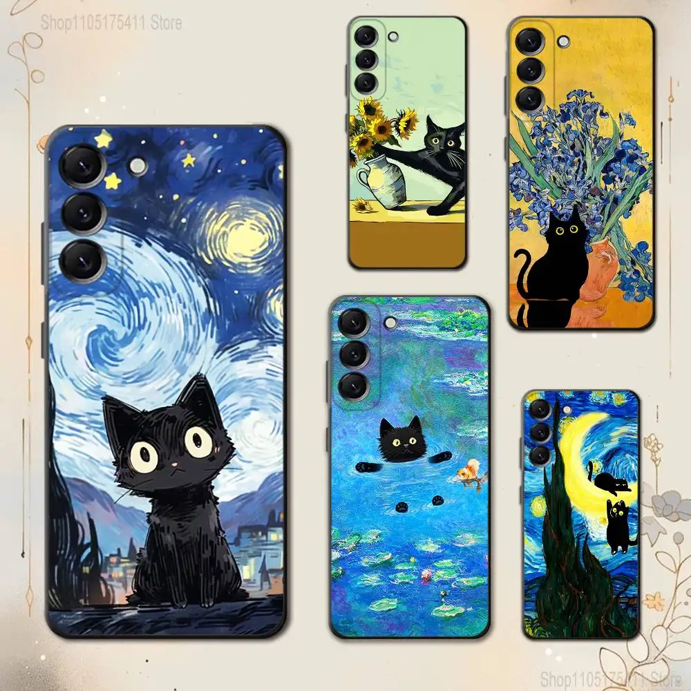 Funny cartoon Van Gogh Monet's Black Cat For Samsung Galaxy A73,52,32,71,41,53,31,72,22,J7,Note,8,9 Soft Black Dust-proof Cover