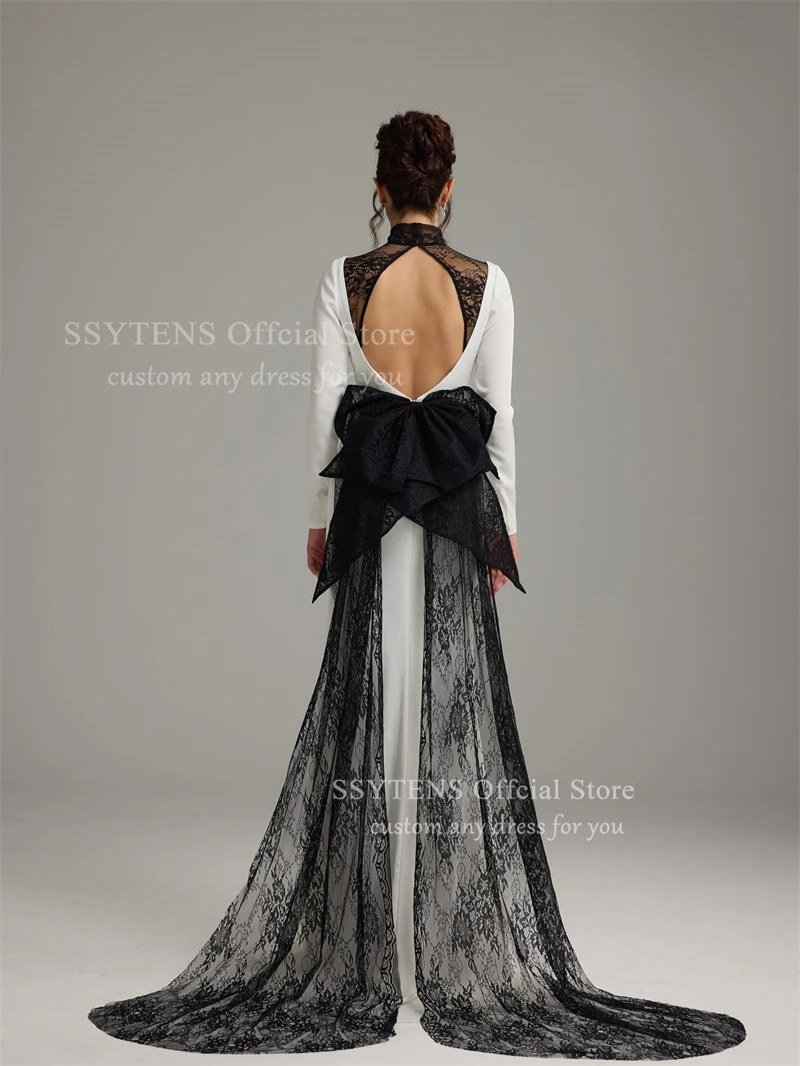 Sukienki wieczorowe SSYTENS czarno-białe, z wysokim dekoltem, seksowne, typu syrena, na galę, z odkrytymi plecami, na specjalne okazje, suknie balowe, szyte na miarę.