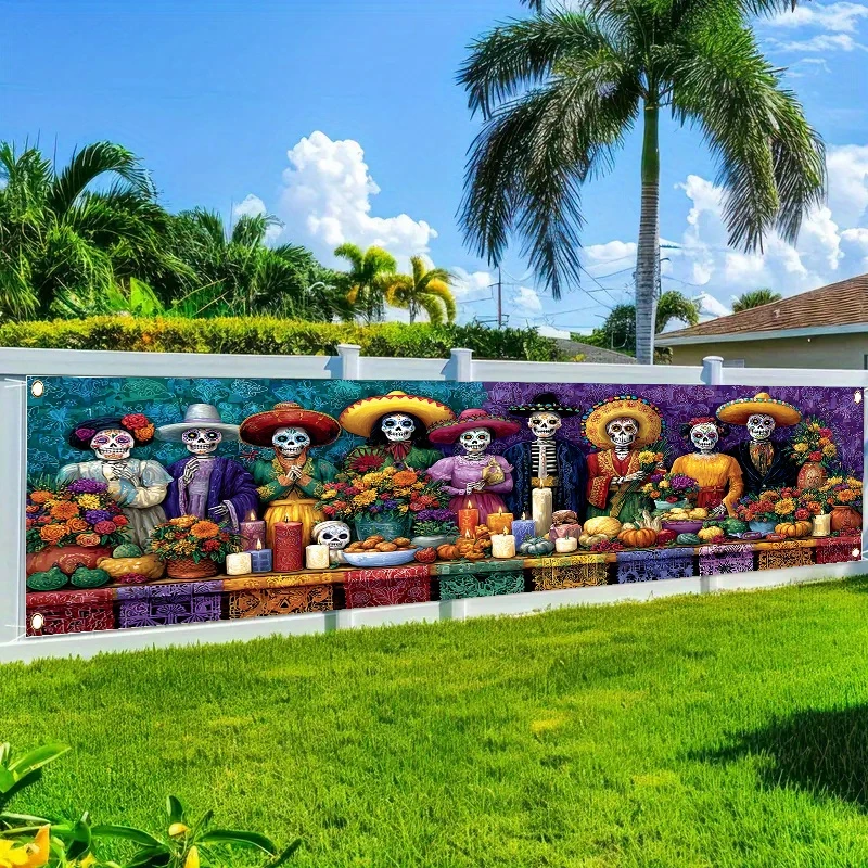 VIKAMA Día de Muertos Pancarta Larga Colorida con Personajes de Esqueletos y Flores para Altar, Jardín, Césped, Valla, Entrada, Decoración de Fiesta