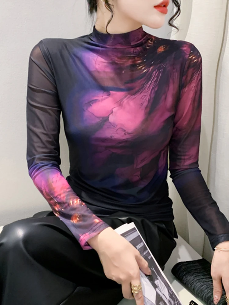 

Tie-Dye Print Fce Lined Base Layer irt Women's Autumn Winter f High Collar Long Sve Tight Me Top Korean Sle