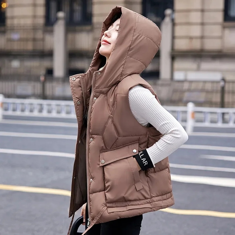 2023 New Women Sleeveless Puffer Vest Winter Warm Down Cotton Padded Jacket Female Hooded Veats Parkas Waistcoat