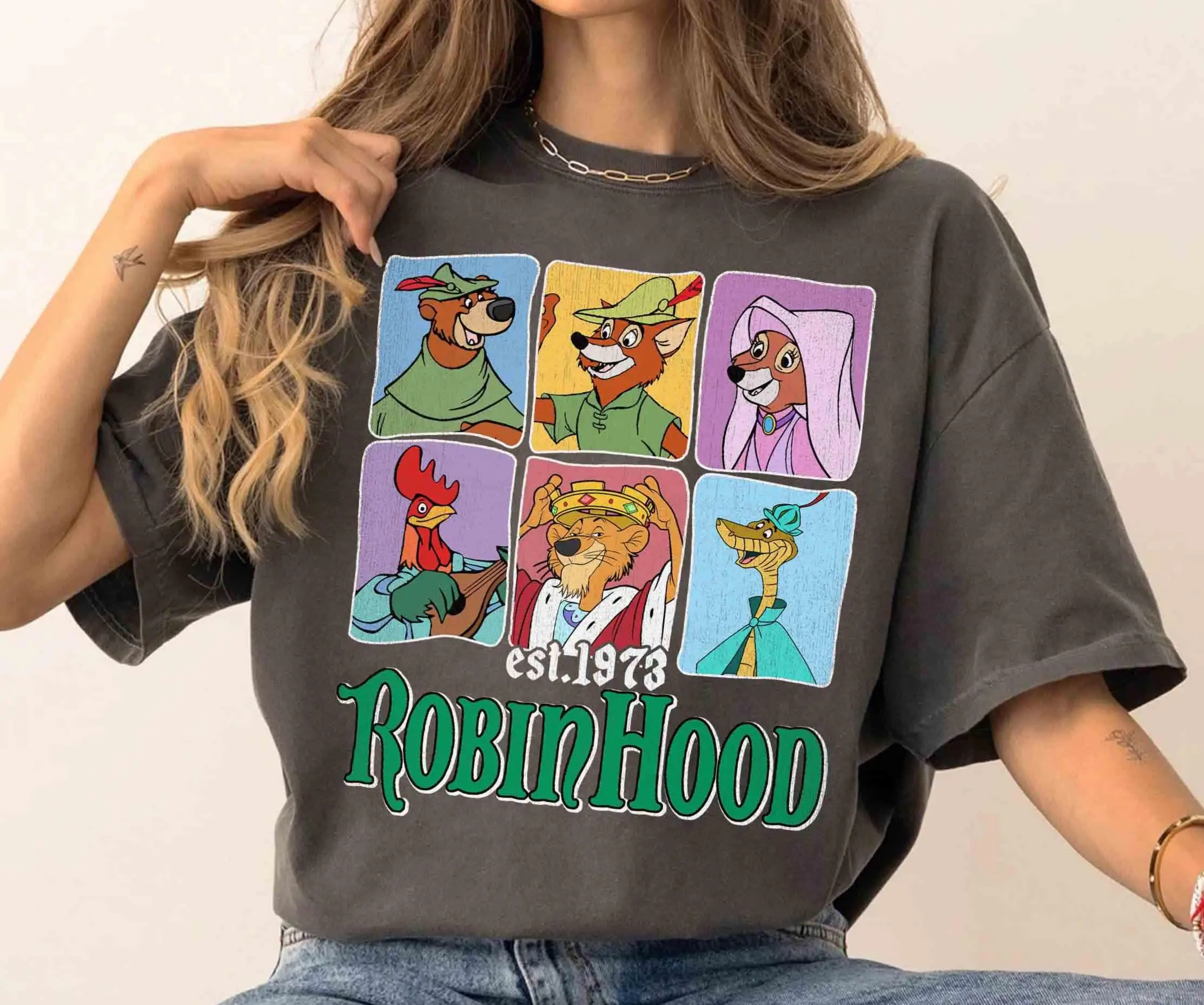 Camiseta con foto de personaje de Robin Hood de Disney 1973, camiseta de Robin Hood Little John Maid Marian Oo-De-Lally, ropa informal de algodón Unisex